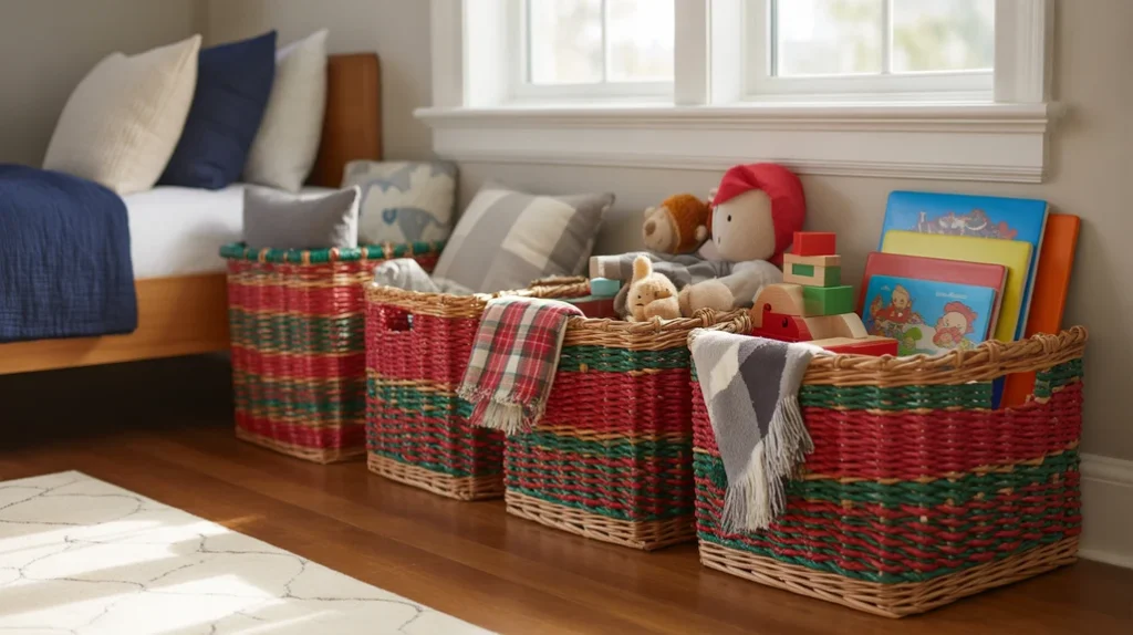 Fabric and woven storage baskets used for organizing blankets and holiday decor in a boys Christmas room
