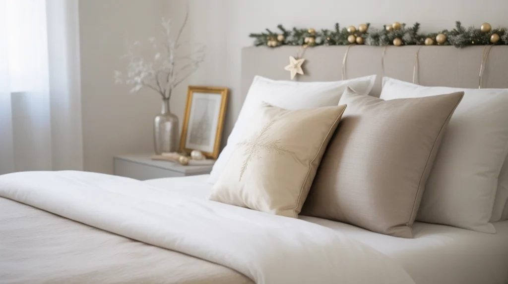 Brushed gold and silver tones bringing refined elegance to minimalist holiday bedroom