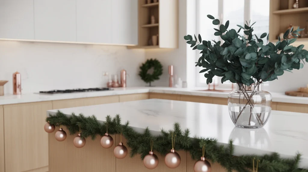Modern Christmas kitchen with subtle pops of blush pink and deep green accents