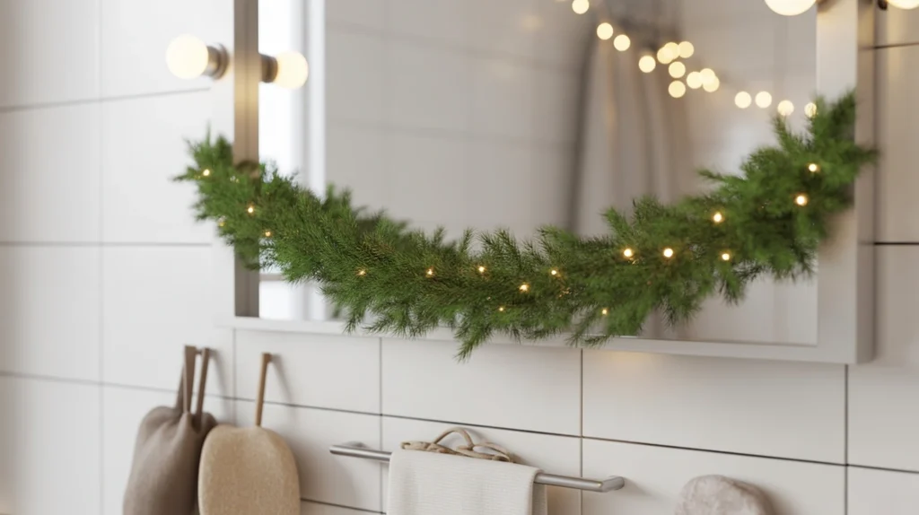 Thin pine garland draped along a bathroom vanity with minimal greenery and warm tones.