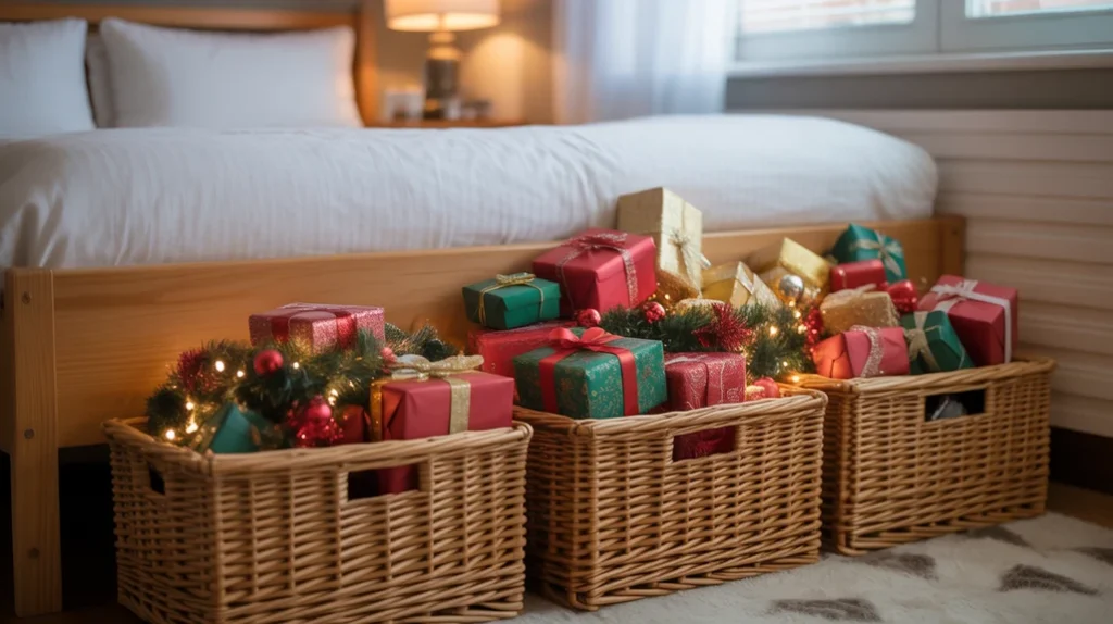 Under-bed storage boxes for holiday decor and gifts in tidy small bedroom