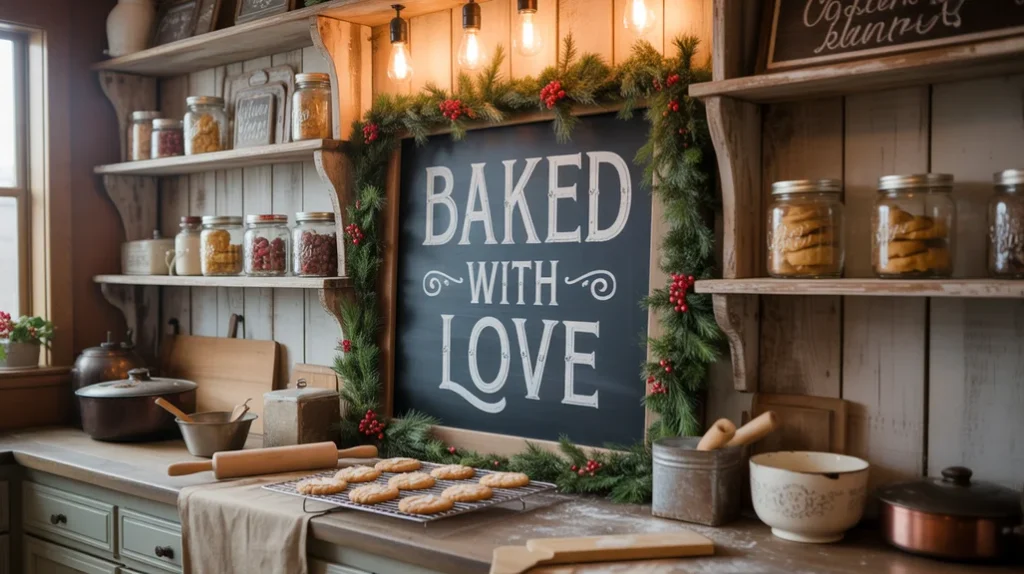 vintage christmas sign and chalkboard art adding rustic charm to cozy farmhouse kitchen