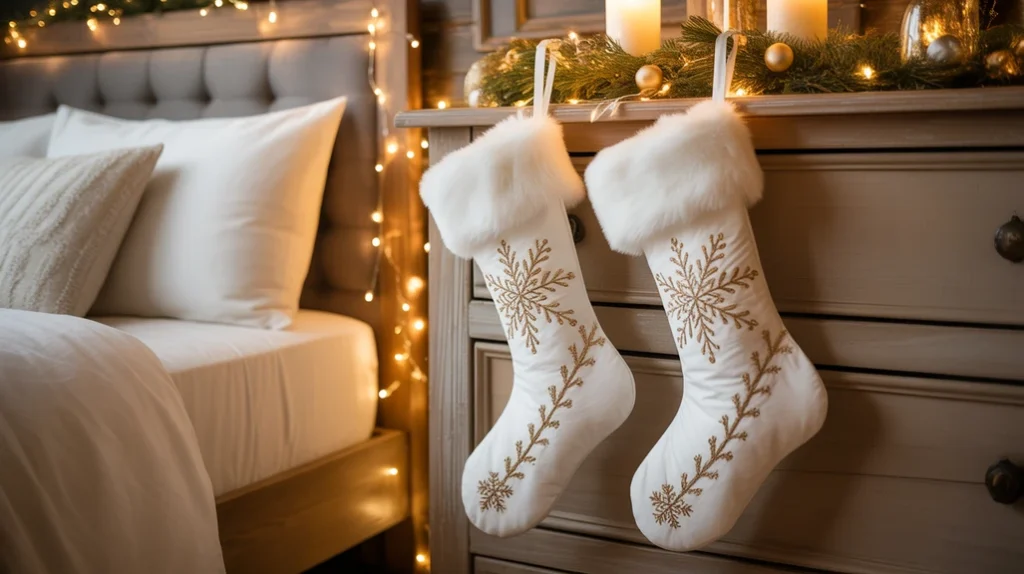 Elegant white and gold stockings hanging from bed frame with warm fairy lights and festive accents.