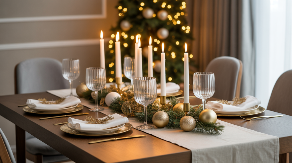 Dining table centerpiece with white candles, gold ornaments, and greenery creating a balanced elegant Christmas display.