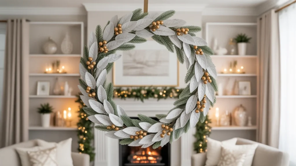 White and gold Christmas wreath with frosted greenery and metallic accents for festive styling