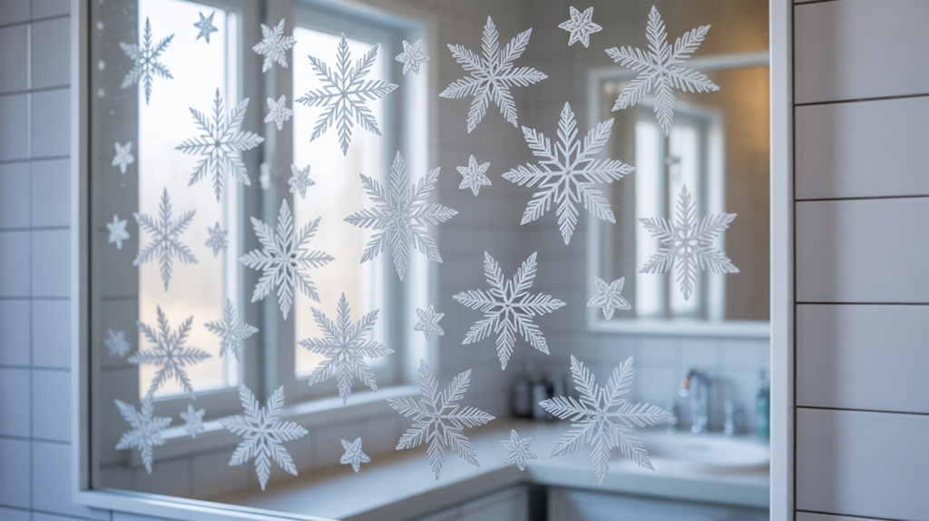 snowflake window clings used on bathroom mirror for a fun Christmas detail
