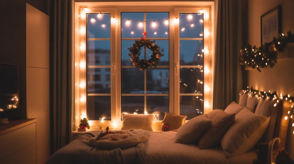 Window decorated with lights and small wreath in cozy apartment Christmas bedroom