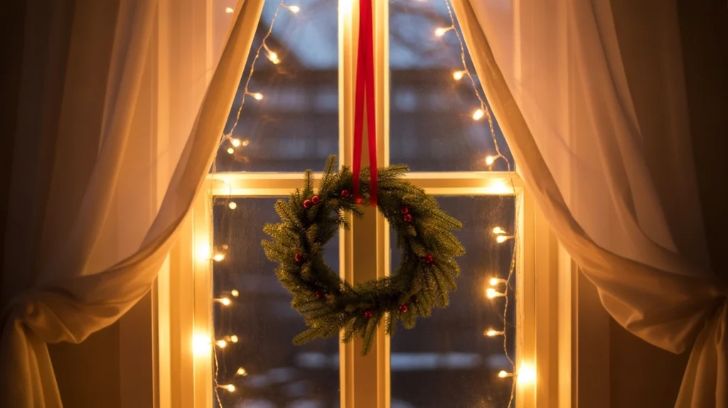 Window decorated with string lights and wreath in cozy small Christmas bedroom