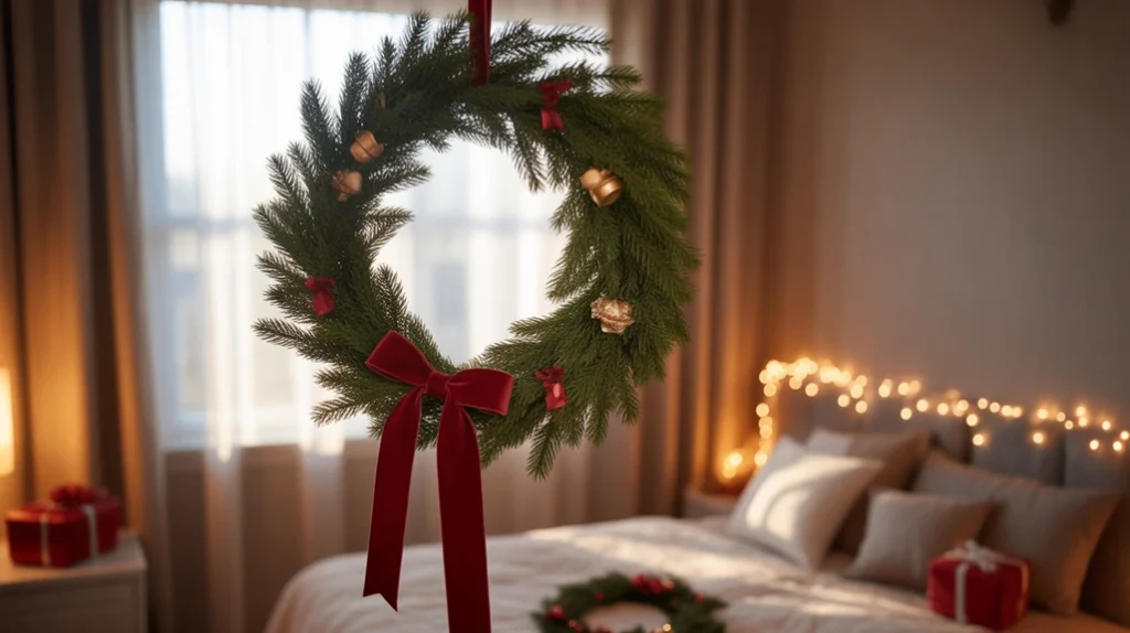 Window wreath bringing timeless holiday elegance to Christmas bedroom