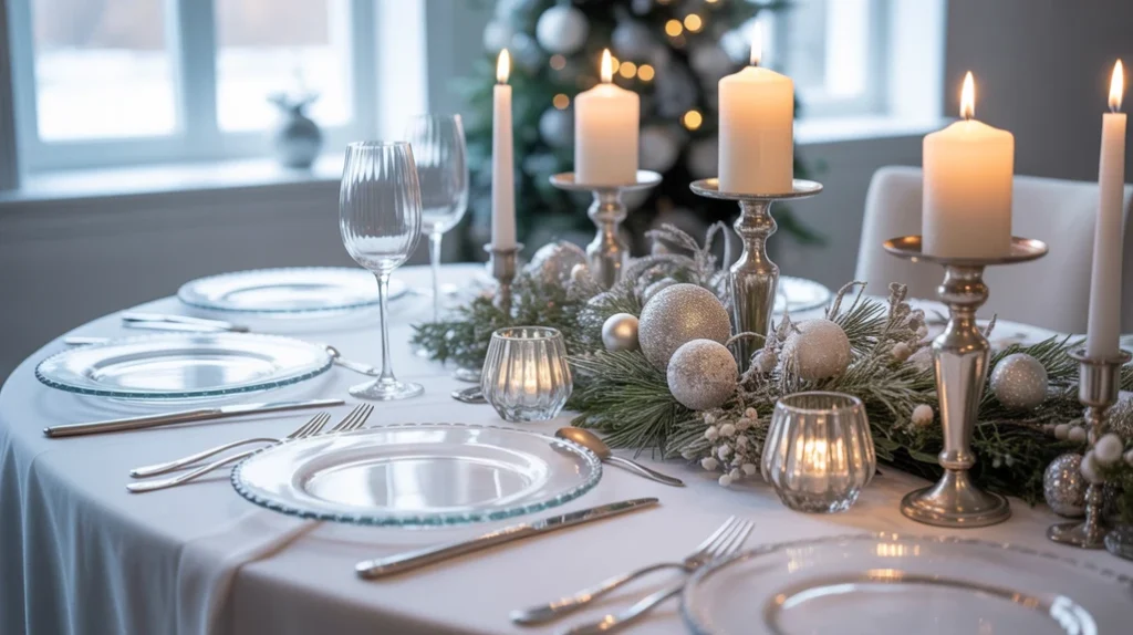 White and silver winter Christmas table with frosted greenery and glass accents