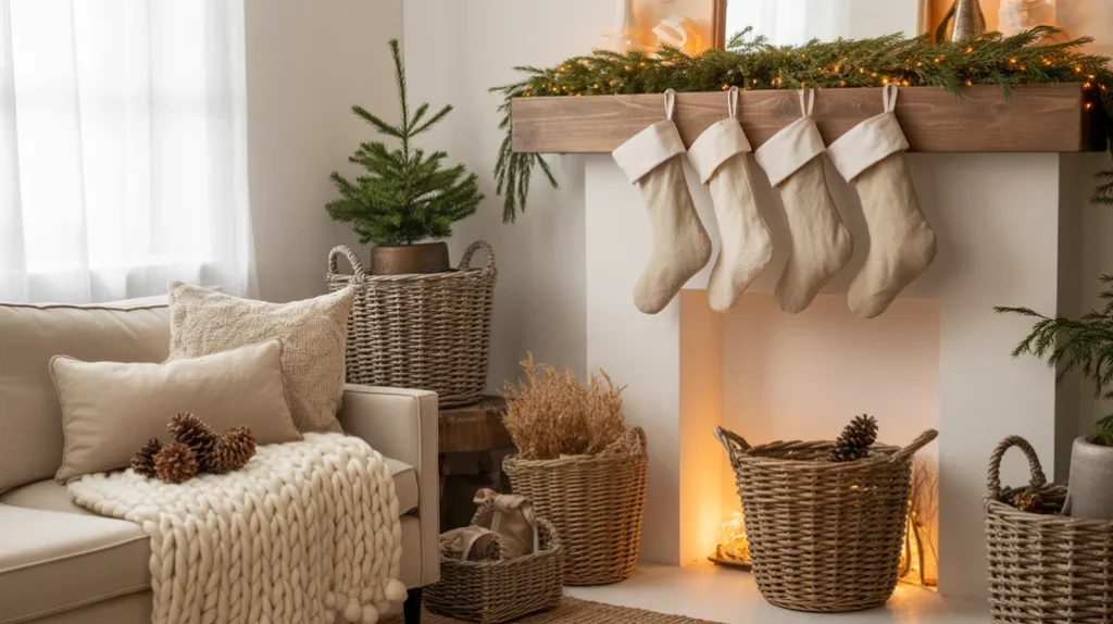 neutral Christmas living room decorated with champagne gold baubles and soft fabrics