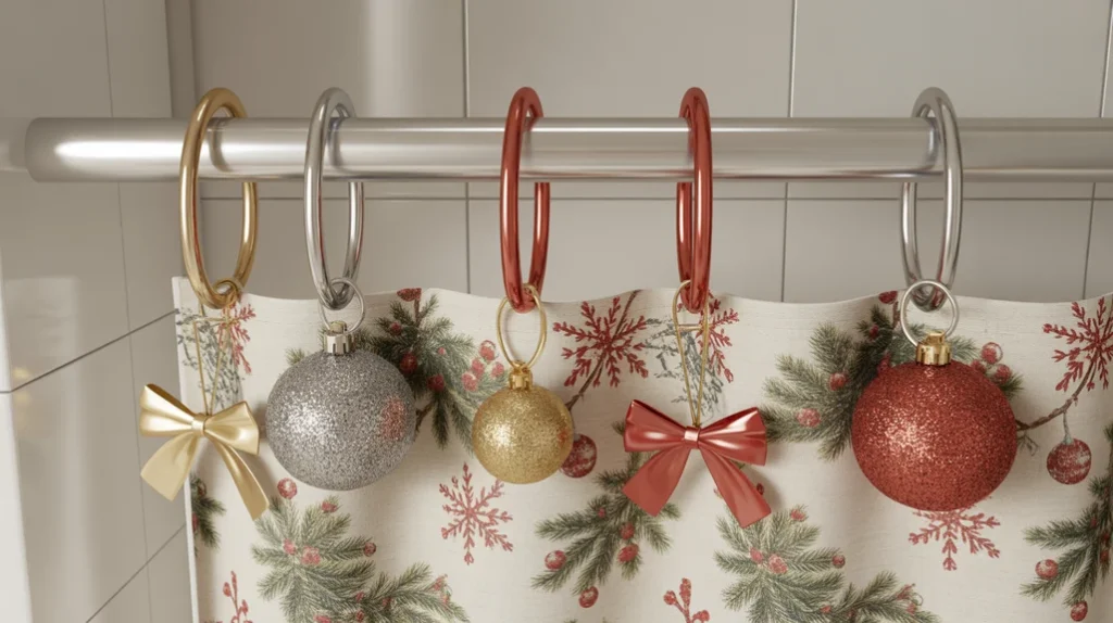 Holiday curtain rings and rod covers paired with a Christmas shower curtain for coordinated décor.