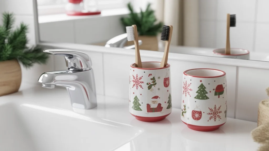 Christmas-themed toothbrush holder and bathroom accessories for a cute holiday look.