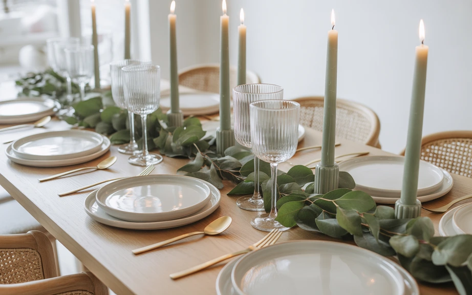 Eucalyptus and White Ceramic Holiday Table