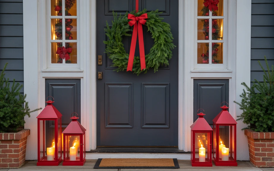 Evergreen Wreath with Red Lantern Accents