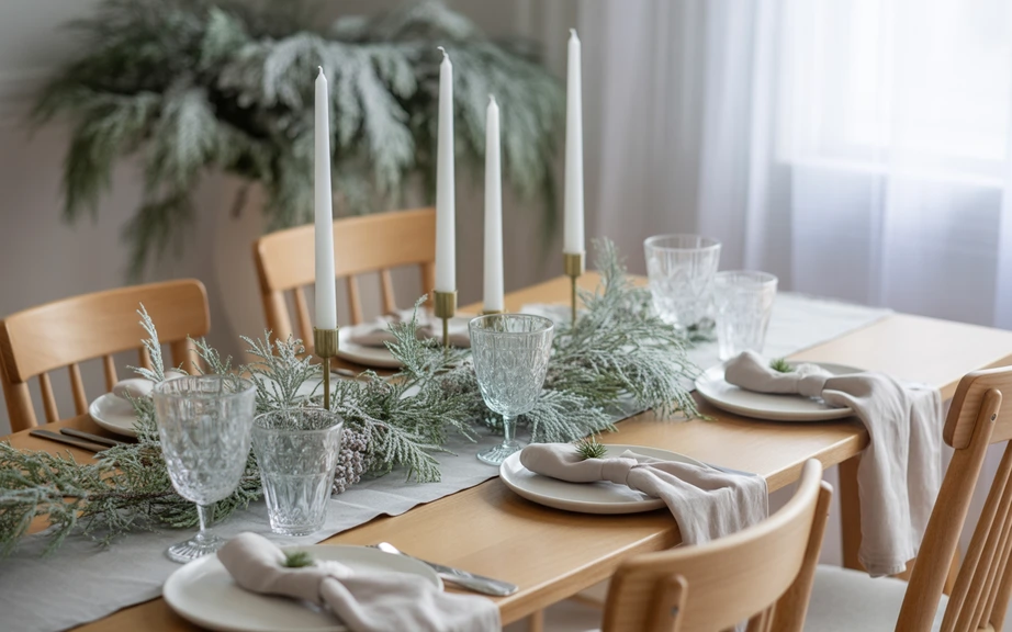 Scandinavian Dining Room with Frosted Greenery