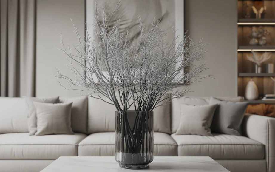 structured winter branches in a modern holiday vase