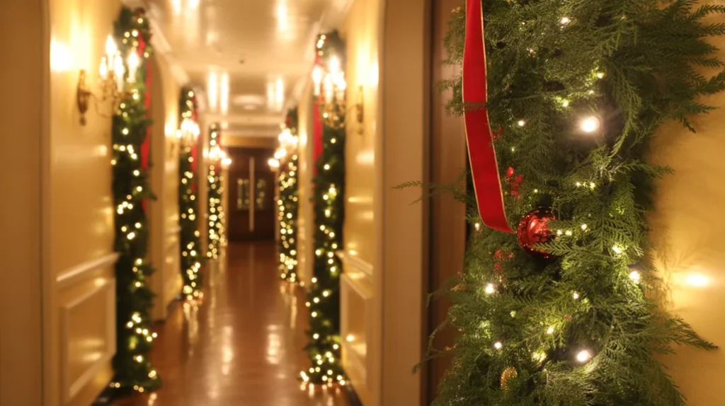 Wall sconces decorated with greenery for a warm Christmas hallway glow