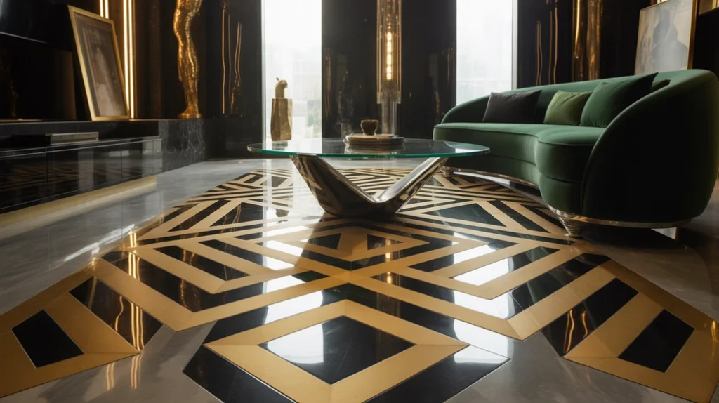 “Art Deco geometric detailing for a refined glam living room.”