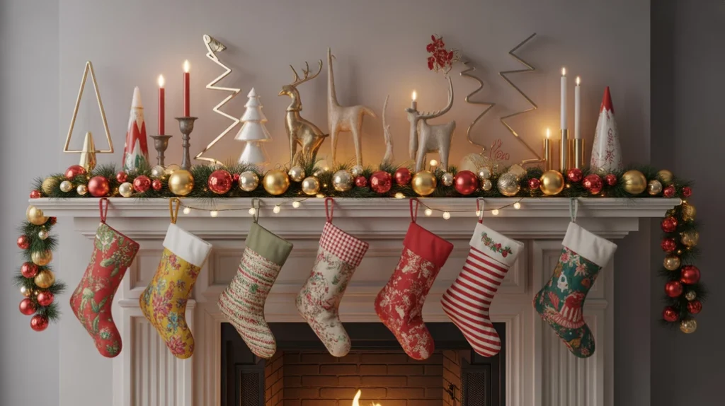 Eclectic Christmas mantel decor mixing vintage ornaments, modern candles, and playful holiday colors