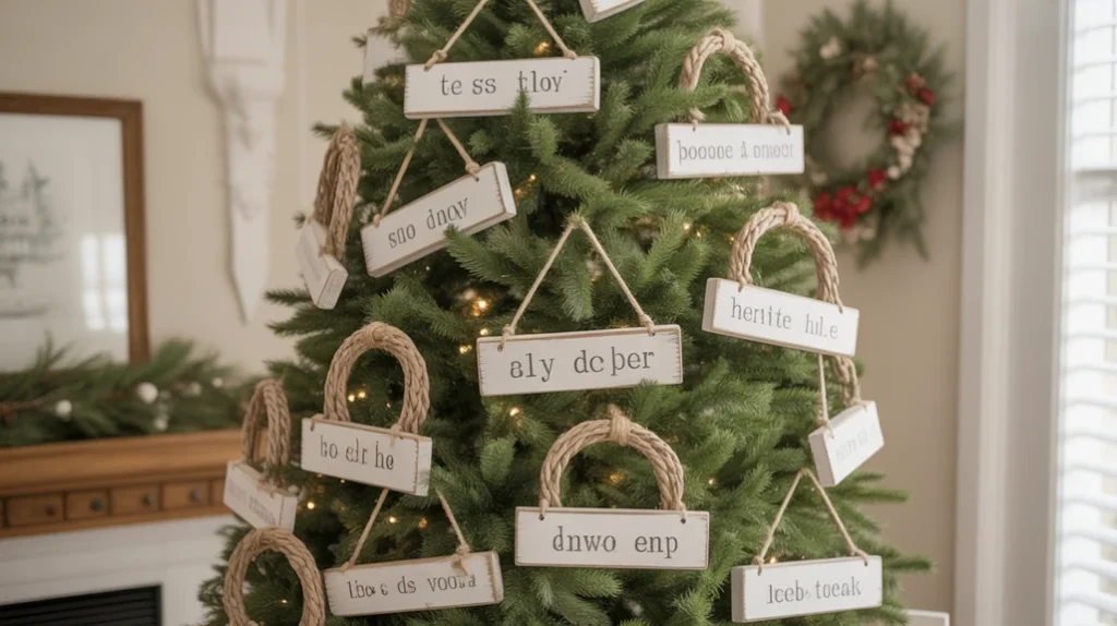 Farmhouse lantern decor next to a cozy rustic Christmas tree corner