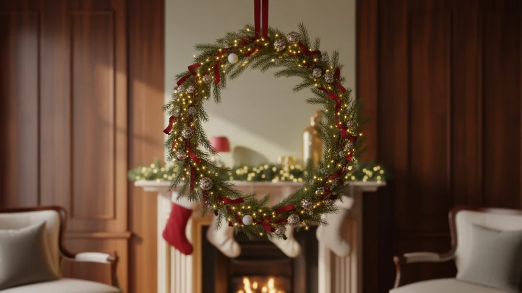 Lighted Christmas wreath with micro LEDs adding soft festive glow above fireplace