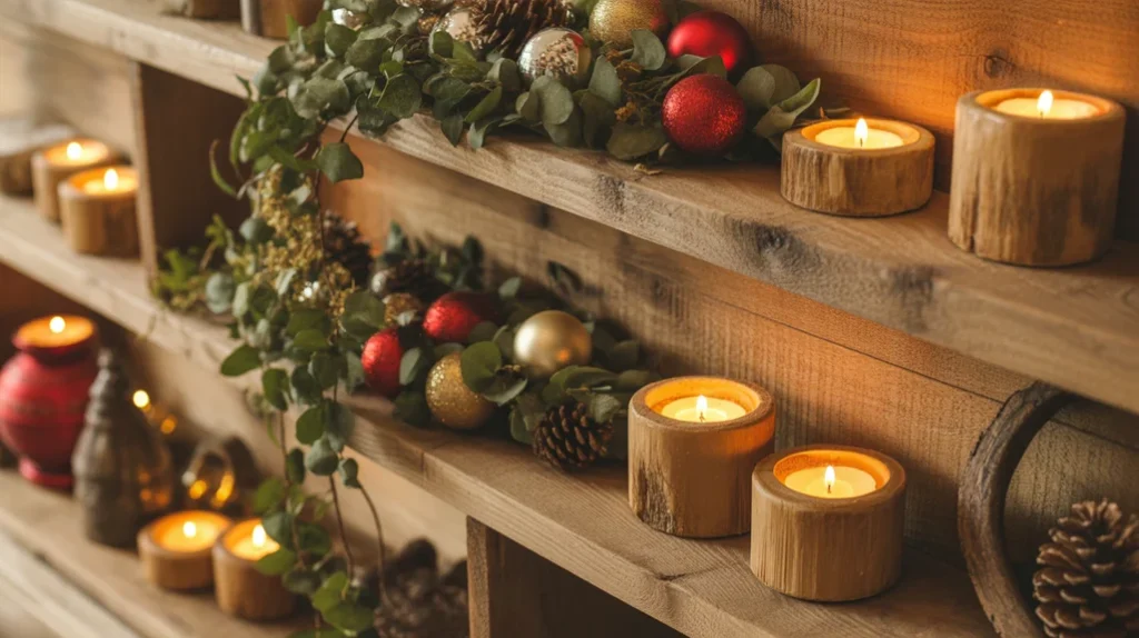 Rustic wooden trays and candleholders adding warmth to Christmas home interior styling