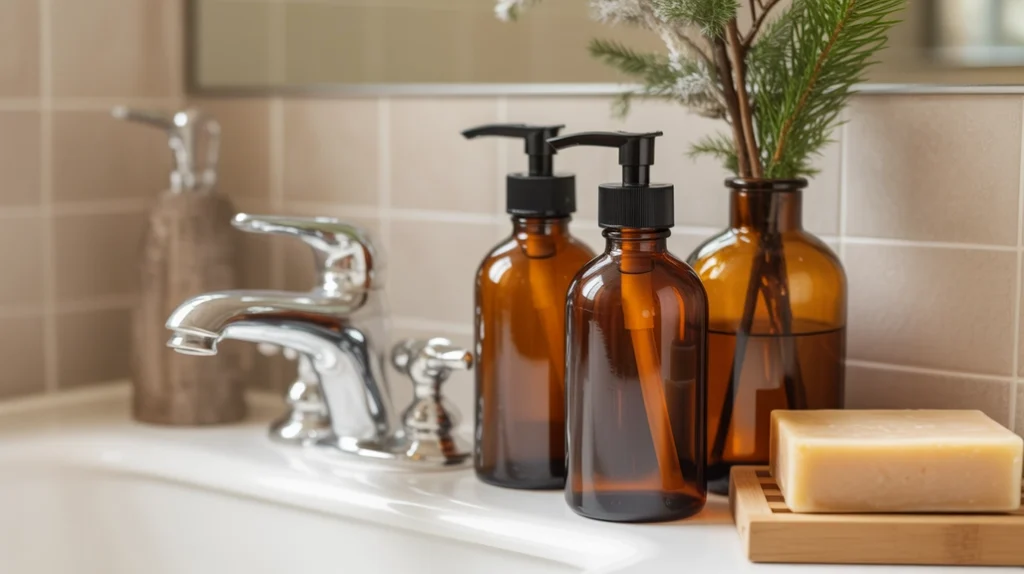 Amber glass bottles used for natural Christmas bathroom décor with warm earthy tones.