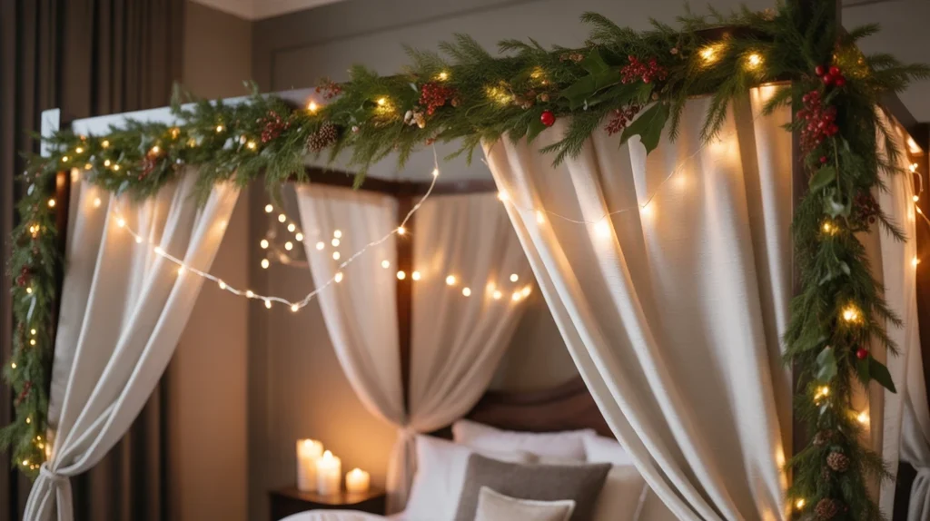 Bed canopy adorned with garland and fairy lights creating romantic festive glow