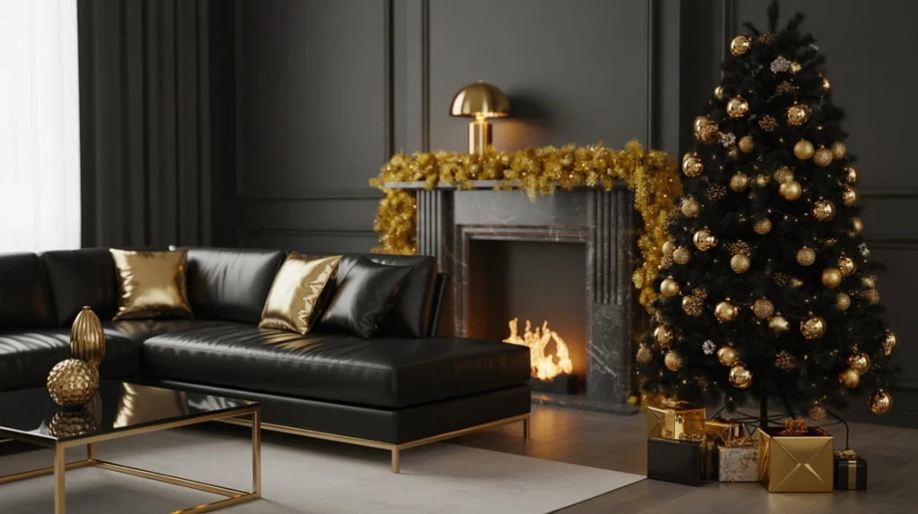 Black furniture styled with gold accessories for luxury black and gold Christmas living room.
