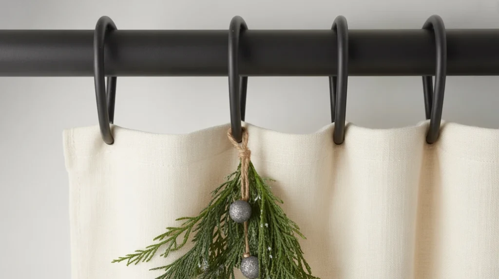matte black shower curtain hooks paired with a white linen curtain and christmas greenery