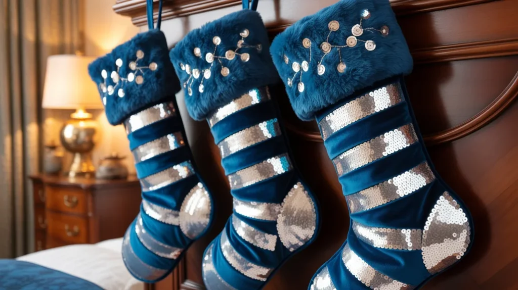 Blue and silver velvet Christmas stockings hanging from the bed frame with festive metallic accents.
