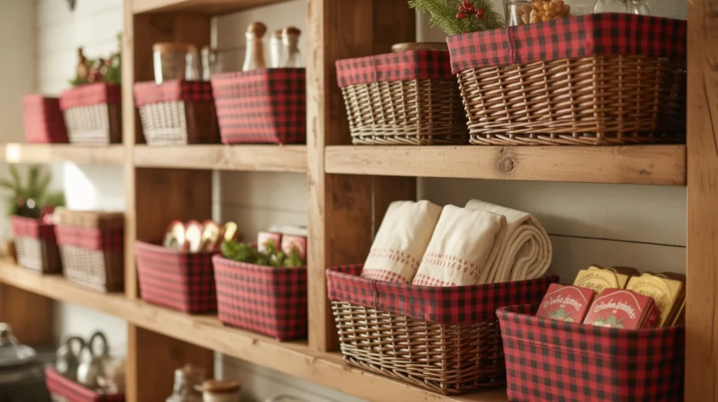 Buffalo plaid storage baskets on shelves providing festive farmhouse kitchen organization