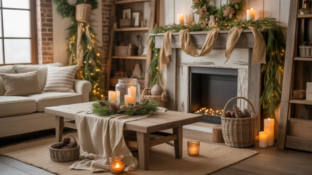 Burlap and linen farmhouse Christmas accents adding natural warmth to rustic holiday home decor.