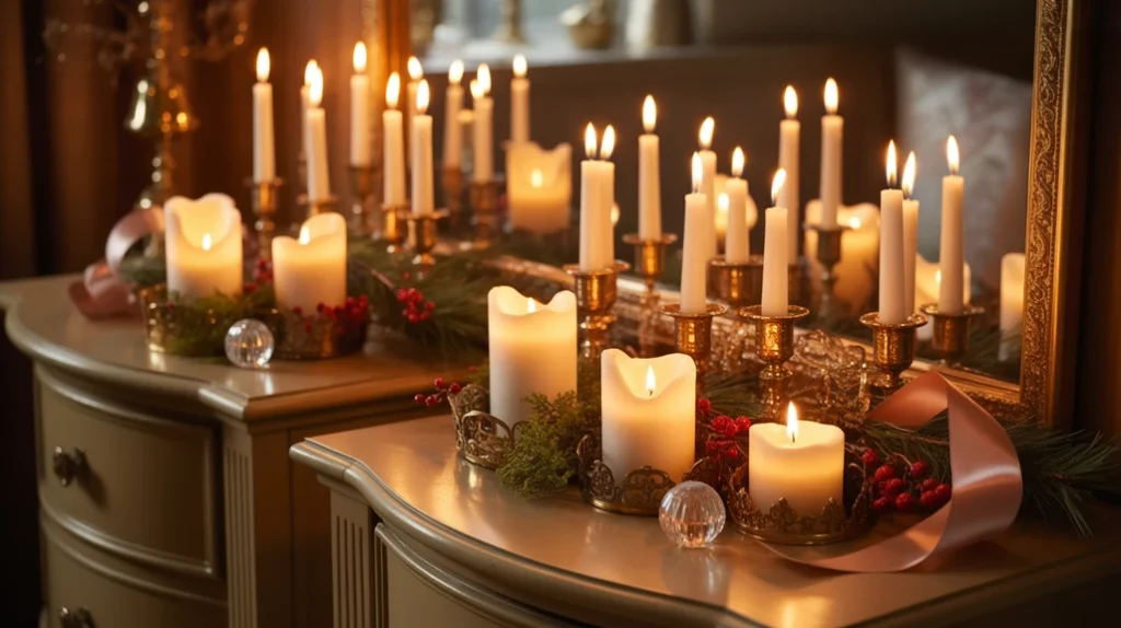 Romantic candle arrangement on nightstand for warm holiday bedroom atmosphere