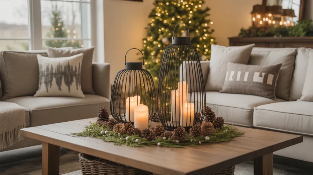 “rustic candle lanterns with pine accents as Christmas coffee table centerpiece”