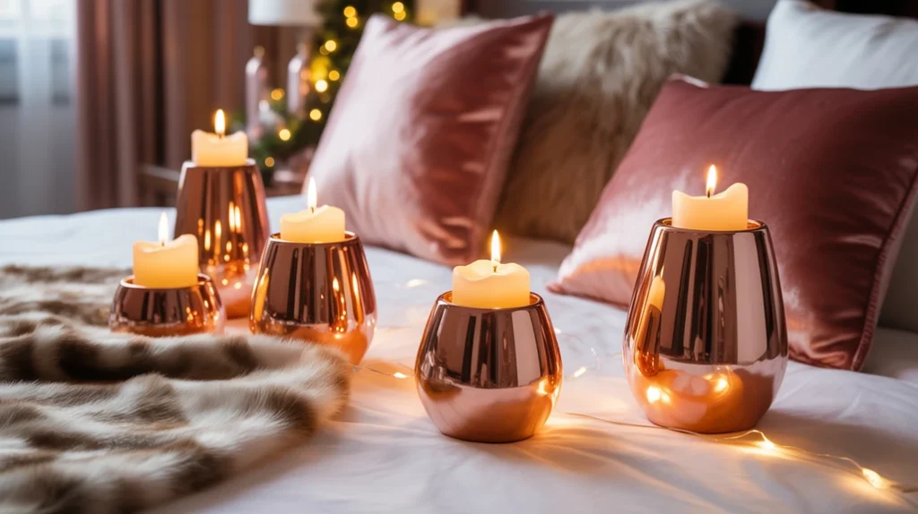 rose gold candle holders and glowing candles creating romantic light in cozy festive bedroom setting