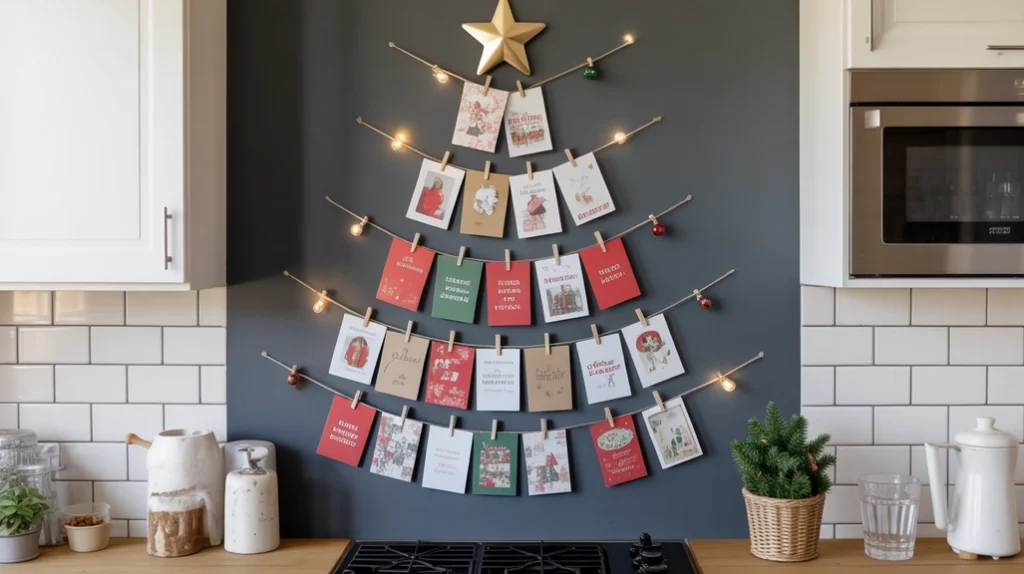 Kitchen wall decorated with a collage of Christmas cards arranged in a festive holiday pattern.