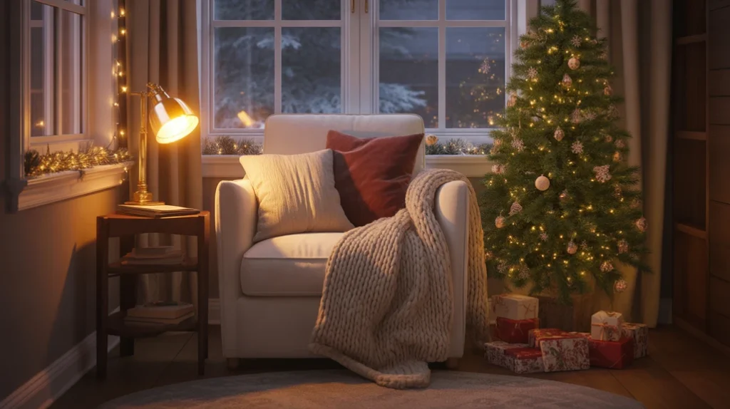 Cozy Christmas reading nook with cushions, blankets, lanterns, and mini tree