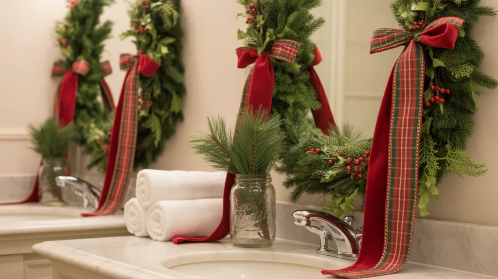 red and plaid christmas ribbons tied around bathroom decor items for traditional styling