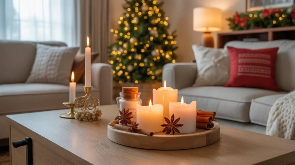 scented candles and cinnamon sticks in warm Christmas living room