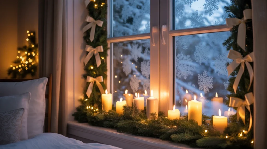 Bedroom window decorated with garlands, ribbons, and candles for a festive glow