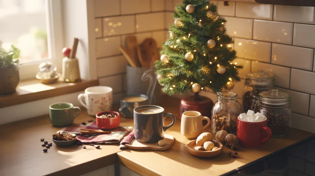 small christmas tree placed beside coffee station with holiday mugs and peppermint accents
