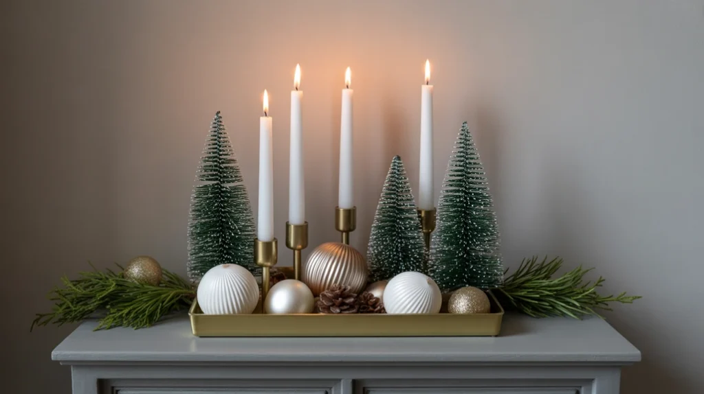 “Styled console tray with candles, greenery, and mini Christmas trees”