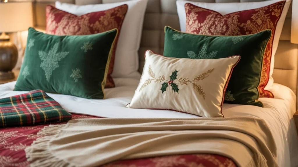 Coordinated shams and velvet pillows styled for elegant Christmas bedroom inspiration