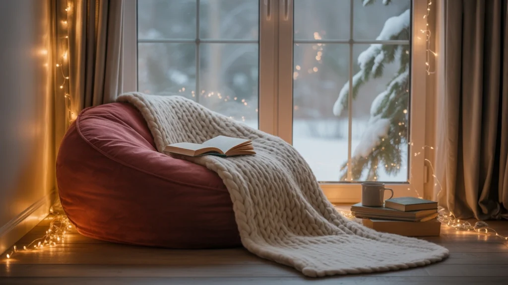 Reading nook with bean bag, fairy lights, and throw blanket for a cozy teen Christmas bedroom vibe