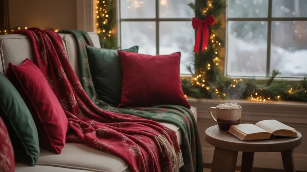 Red and green Christmas reading nook with cozy throws and cushions