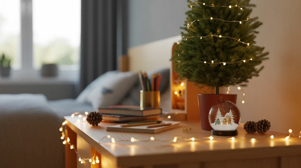 Study or gaming desk with mini Christmas tree, fairy lights, and minimal festive details for boys bedroom