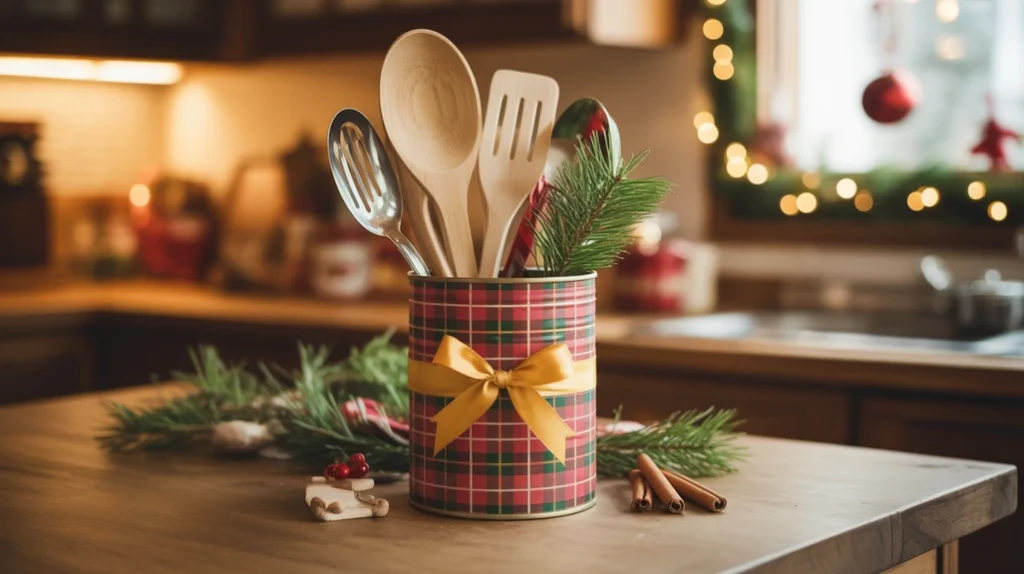 DIY Christmas utensil holder wrapped with ribbon for simple festive kitchen organization