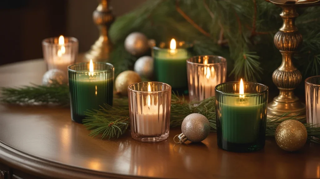 Emerald and gold candle arrangement with pine leaves and ornaments for cozy Christmas ambiance.